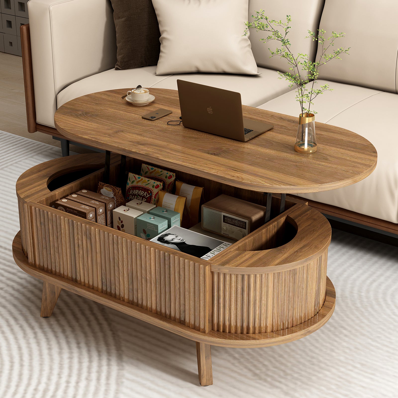 Wooden coffee table with storage compartments in a living room setting