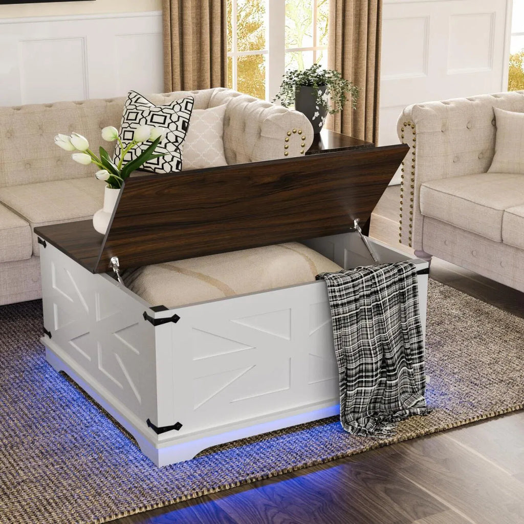 White storage bench with wooden top in a living room setting