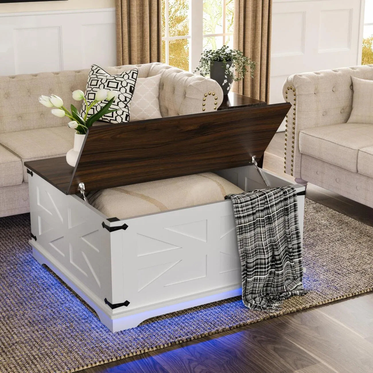 White storage bench with wooden top in a living room setting