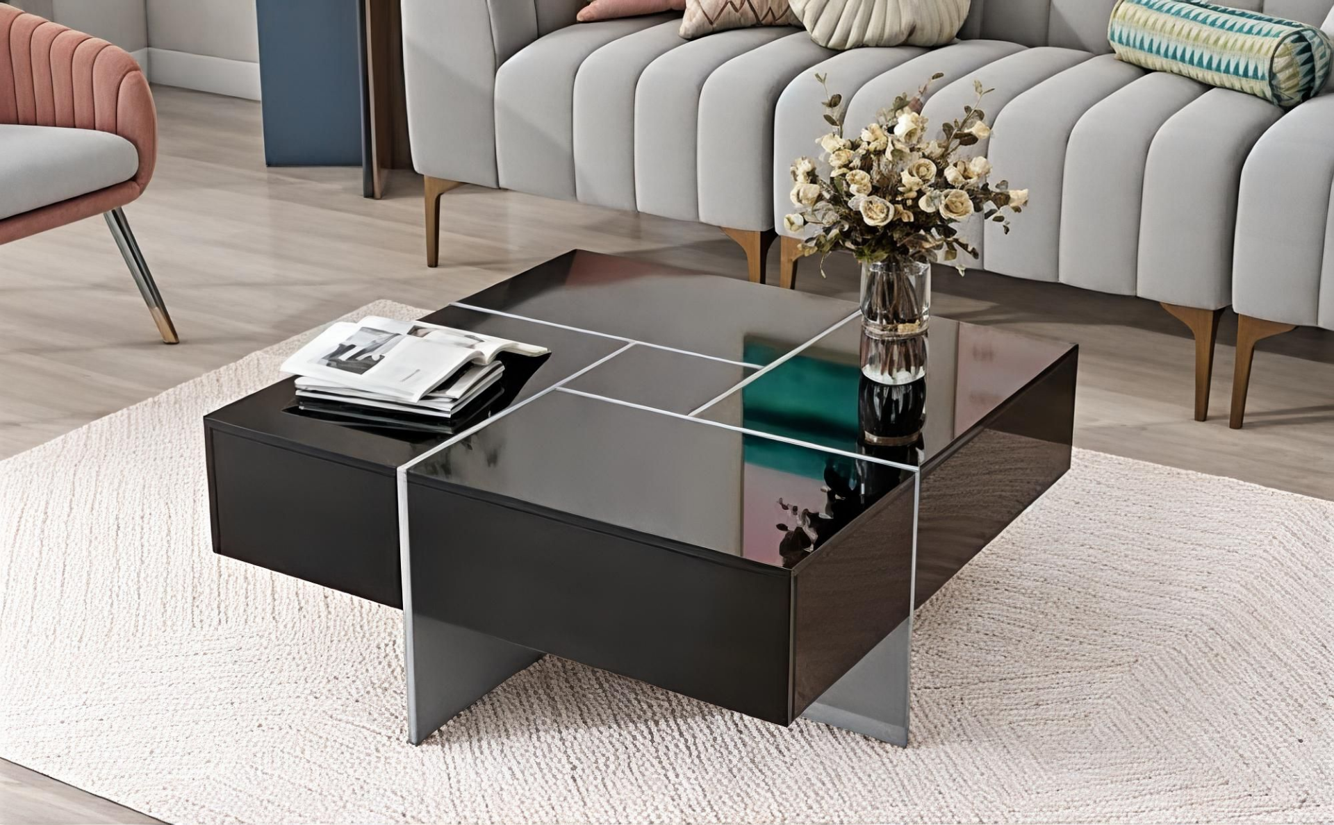 Modern coffee table with reflective surface in a living room setting
