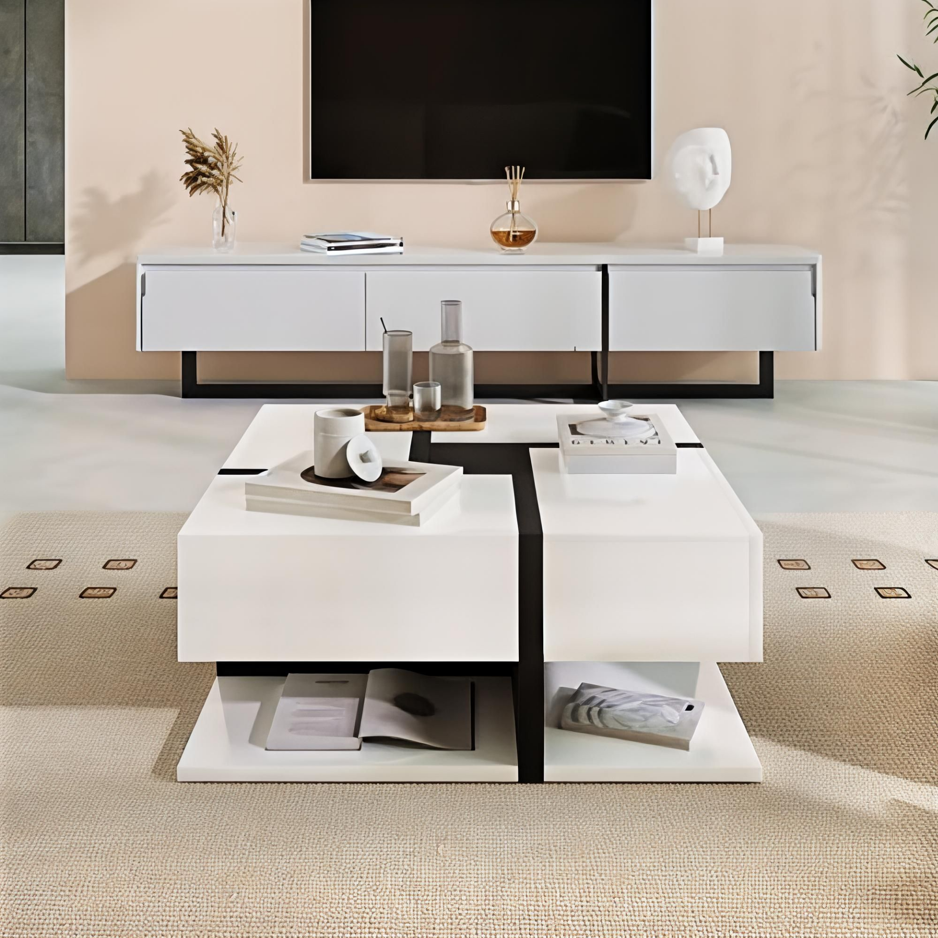 Modern living room with a white coffee table and TV stand.